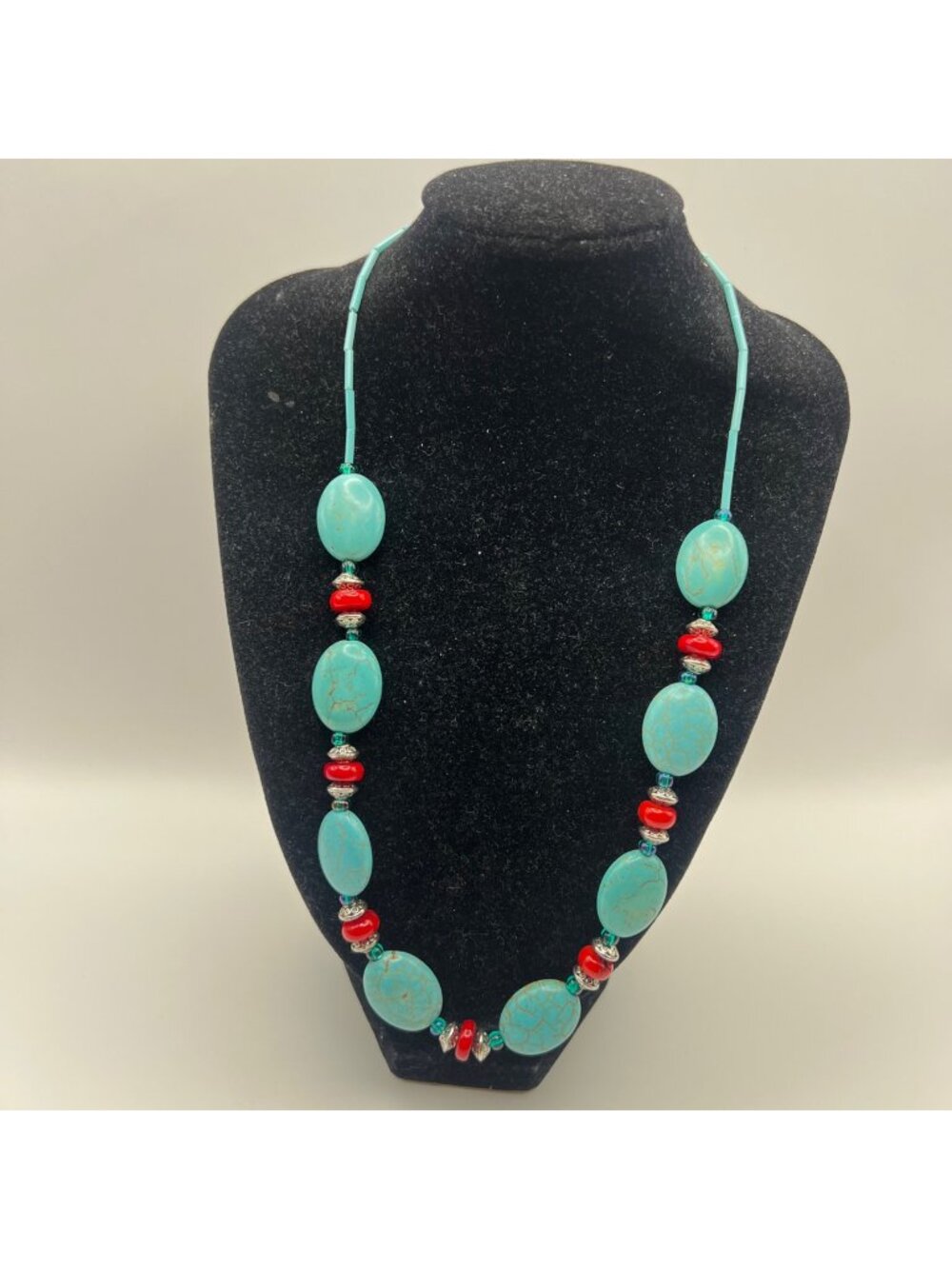Artisan Turquoise Color Necklace Dyed Howlite Red Stone Bead 19" Silver Tone